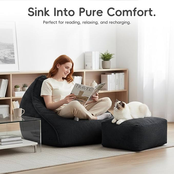 Cloud Bean Bag Chair with Ottoman for Adults, Comfy Corduroy Chaise Lounge Chair with High-Resilience Foam, Oversized Boneless Reading Chair for Bedroom & Living Room Black