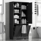 Tall Laundry Cabinet with 2 Tilt Out Hamper, Wood Bathroom Storage Cabinet with Doors and Adjustable Shelves Freestanding (Black)