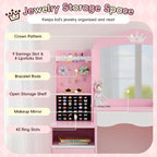 Kids Vanity, Girl Vanity Set with Storage Cabinet & Open Shelf, 2 In 1 Kids Vanity Table and Chair Set with Jewelry Storage, Princess Toddler Makeup Vanity with Mirror for Little Girls (Pink)