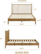 NTC Inno Wooden Bed Frame with Headboard, Solid Oak and Rubber Wood Foundation with Silent Slats and Wood Central Supports, 1000 Lb Capacity, Effortless Assembly, Queen - Teak Look