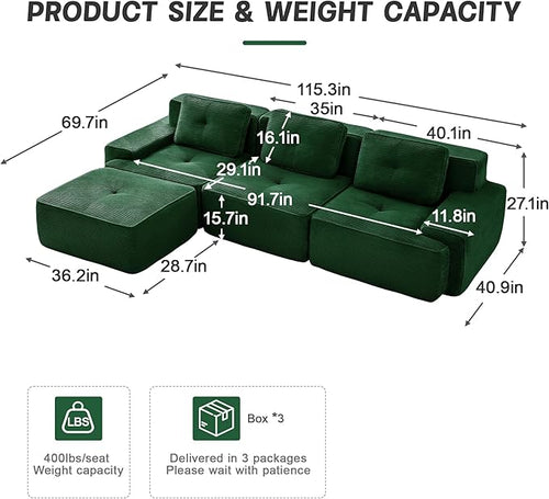 115.3” Green Boneless Couches for Living Room, Modular Sectional Sofa with L-Shape Chaise, 3 Seater Comfy Upholstered Deep Seat Corduroy Fabric Cloud Couch No Assembly, Anti-Slip Design