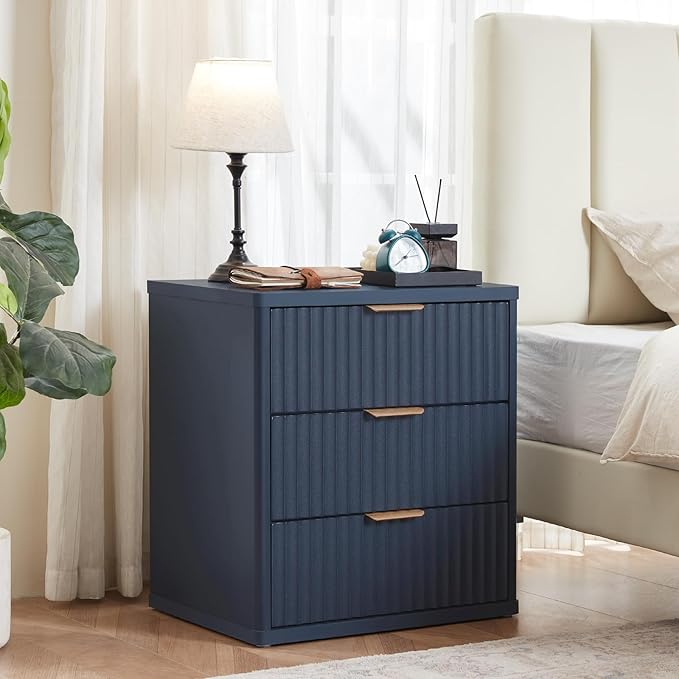 LEYAOYAO 23" Wide Fluted Night Stand with Charging Station, 3 Drawers Large End Table with Storage,Nightstand Wood Bedside Tables, Farmhouse Cabinet Dresser for Bedroom,Closet, Navy Blue