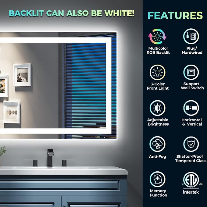 50x32 Inch RGB LED Bathroom Mirror Front Light and RGB Backlit Lighted Vanity Mirror for Bathroom Wall Mounted Dimmable Anti Fog Memory Shatter-Proof IP54 Waterproof Horizontal/Vertical