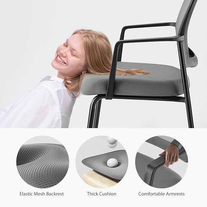DUMOS Grey Stackable Arm Chairs with Mesh Back and Upholstered Fabric, Sturdy Metal Frame, Easy to Store and Use, Perfect for Indoor and Outdoor Spaces, 2 Chair