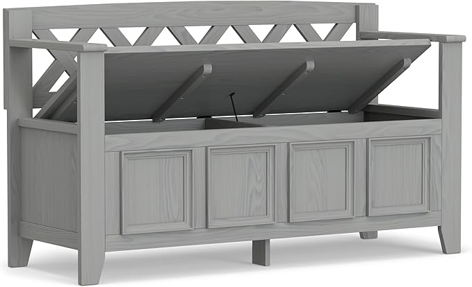 SIMPLIHOME Amherst Entryway Storage Bench - 48 inch Wide Solid Wood Hallway Seat in Fog Grey, Transitional Bench for Entryway or Living Room with Lift-Up Lid and Spacious Storage