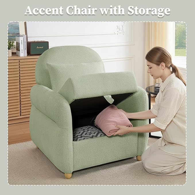 Modern Accent Chairs for Living Room, Comfy Chenille Armchairs with Storage, 33.5" W Single Reading Chairs for Bedroom, Study Room, Apartment, Tool Free Assembly, Sage Green