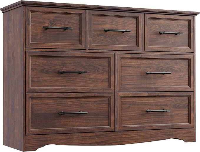 Walnut Farmhouse Dresser for Bedroom, Modern 7 Chest of Drawers, 47" Wide Chest of Drawers with Metal Handle, Wood Dresser TV Stand and Storage Cabinet for Bedroom, Living Room