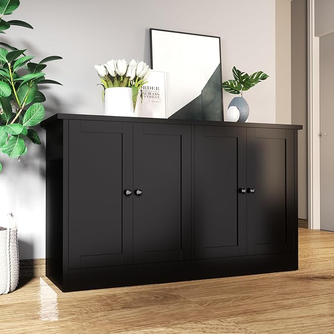 Black Buffet Storage Cabinet with 4 Door, 49" W Coffee Bar Cabinet, Kitchen Buffet Sideboard for Living Room, Kitchen