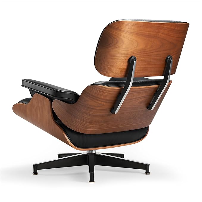 Top Black Grain Leather, Mid Century Chaise Lounge Chair and Ottoman, Modern Chair Classic Design, Heavy Duty Base Support for Living Room Study Lounge Office, Walnut