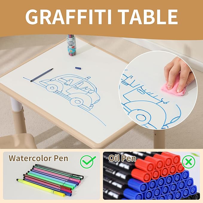 Toddler Table and 2 Chairs, Height-Adjustable Kids Table and Chairs Set, 31.5''L x 23.6''W Children Activity Table for Boys and Girls Aged 3-8