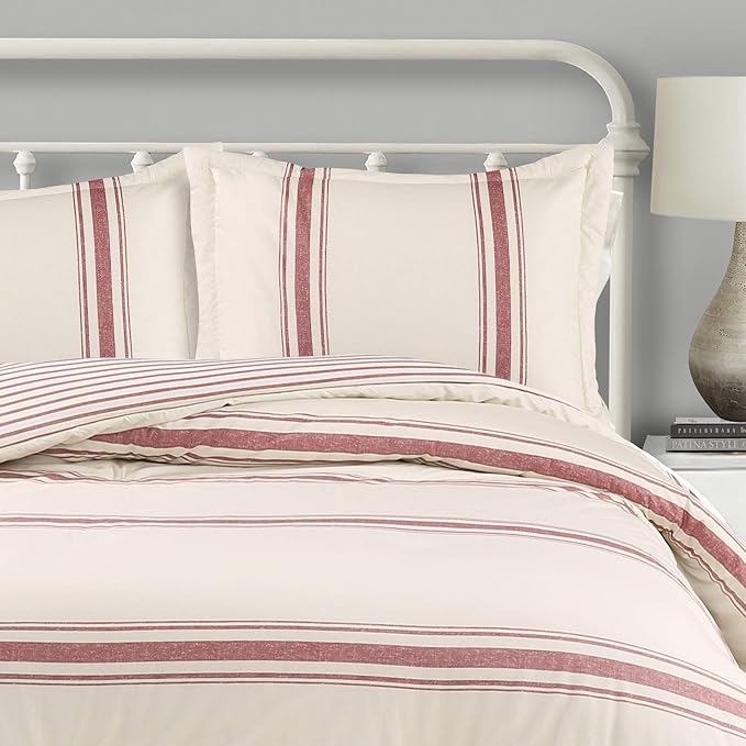 Lush Decor Farmhouse Stripe Reversible Cotton Comforter Set, 3 Piece Set, King, Red - Cozy F𝚊rmhouse Bedding Set - Rustic Decor - Striped Comforter - Modern Farmho𝚞se Bedroom Decor