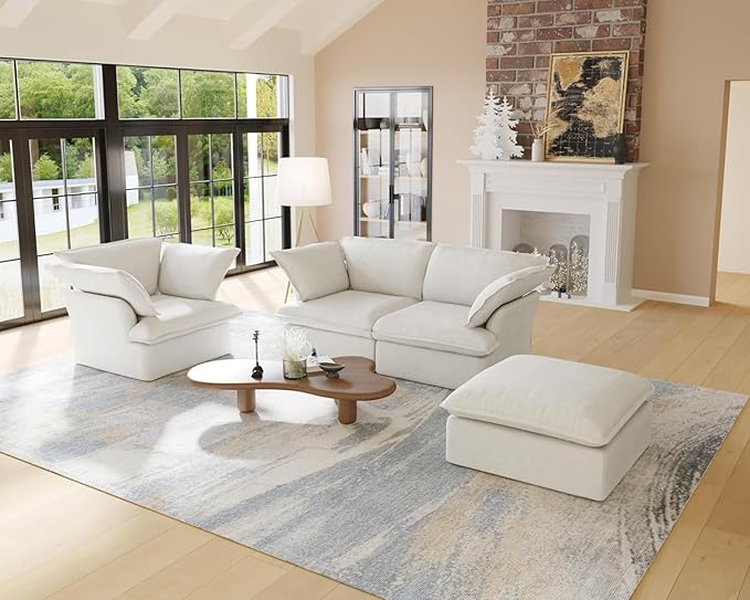 JACH Ottoman Module for Living Room, Cushion Covers Removable, Minimalist Comfy Breathable Ottoman Paired with Sofa Couch for Living Room Apartment, Beige