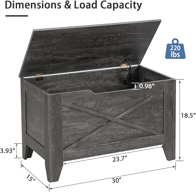 VECELO 30" Storage Bench, Entryway Shoe Ottoman, Farmhouse Style Bench with Handwoven Cushion and Metal Safety Hinges, for Bedroom, Living Room, Entryway, Gray