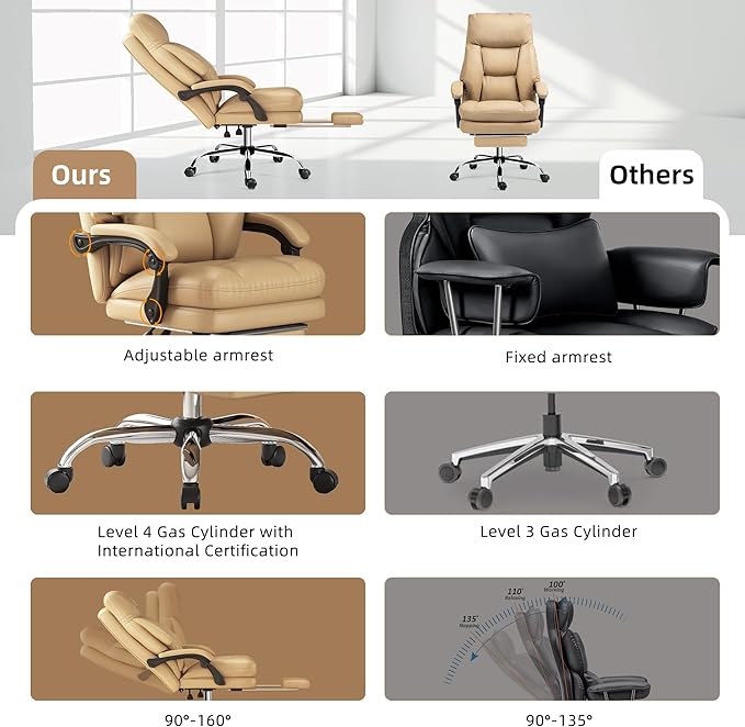 Home Office Desk Chair, 90°-160° Reclining, High Back Executive OfficeChair 400LBS with Footrest, Ergonomic Scratch-Resistant Faux Leather Computer Gaming Chair with Lumbar Support