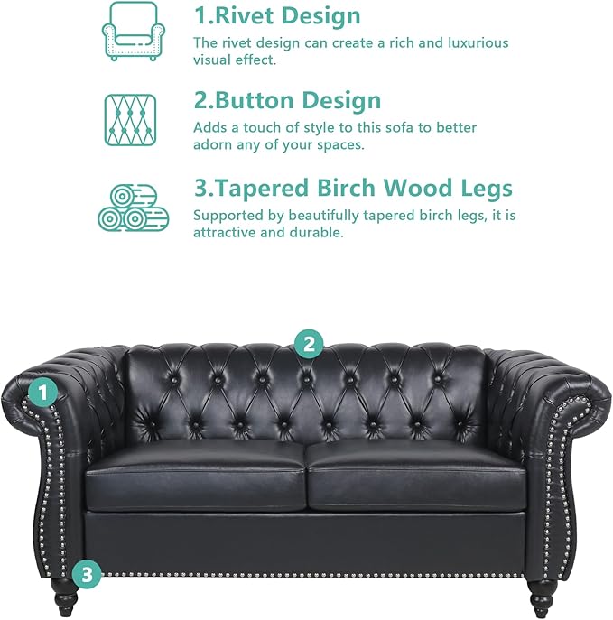 Chesterfield Loveseat Sofa, Modern Leather Small Sofa Couch 2 Seater with Rolled Arms and Nailhead, Mid Century Modern Loveseat Couch for Small Spaces Living Room Bedroom Apartment, Black