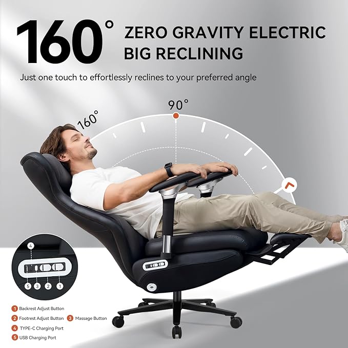 EMIAH Ergonomic Office Chair with Foot Rest Electric Reclining Office Chair with Adjustable Headrest, 8D Coordinated Armrests High Back Computer Chair with Lumbar Support,Sustainable Leather(Black)