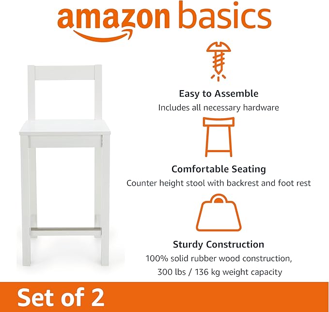 Amazon Basics Wooden Bar Stool with Backrest 24", White, Set of 2