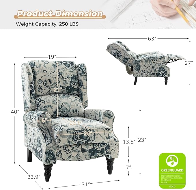 HULALA HOME Upholstered Wingback Recliner Chair Set of 2, Small Adjustable Footrest Push Back Single Reclining Sofa, Mid Century Modern Lounge Armchair for Living Room, Bedroom, Reading/Floral