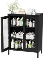 Metal Bathroom Storage Cabinet, Black Sideboard Cabinet with Glass Doors and Adjustable Shelves, Small Metal Cabinets for Kitchen, Living Room, Entryway,Office