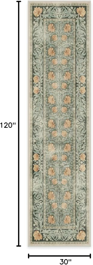 RUGGABLE x Morris & Co Machine Washable Runner Rug – Pimpernel Vintage Green 2.5x10, Stain-Resistant, Non-Slip – Washable Rug for Hallway, Entryway, Living Room & Kitchen–with Standard Pad