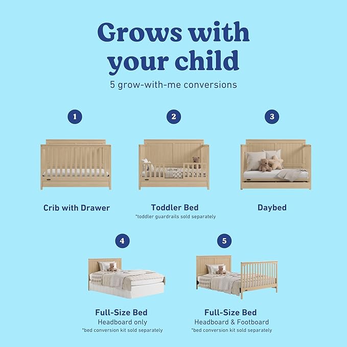 Graco Hadley 5-in-1 Convertible Crib with Drawer (Driftwood) – GREENGUARD Gold Certified, Fits Standard Crib Mattress, Converts to Toddler Bed, Daybed and Full Bed, 4 Adjustable Mattress Heights