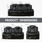 Power Recliner Sofa Set with LED, Black Leather Reclining Living Room Sofa, Muti-Functional Recliner Sofa and Couch with Storage Console/Cup Holders/USB Ports