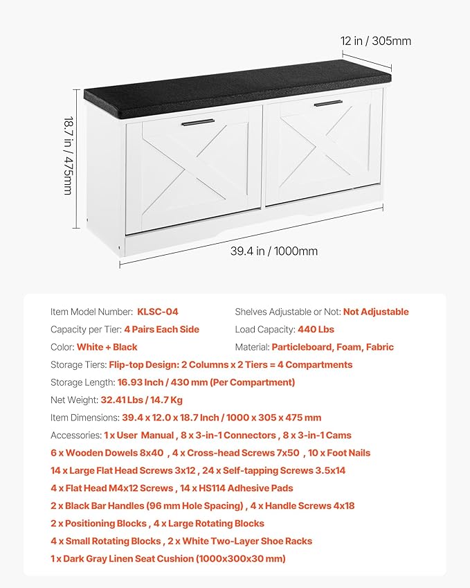 VEVOR Shoe Storage Bench with 2 Flip Drawers & Padded Cushion, Entryway Bench with Adjustable Shelves, Holds up to 440 lbs, 39.4 x 12.0 x 18.7 Inches, for Entryway, Hallway, Living Room, Bedroom