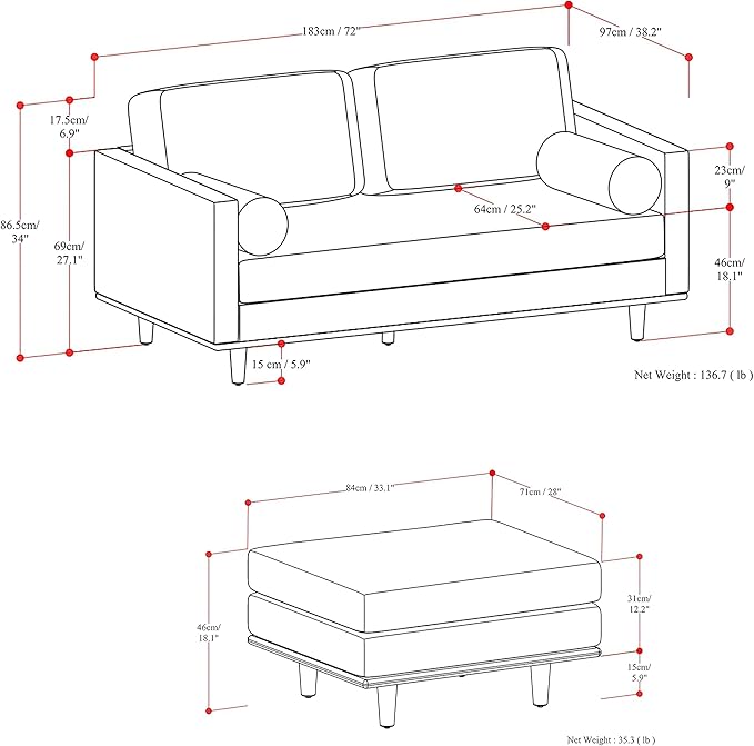 SIMPLIHOME Morrison Mid-Century Modern 72 inch Wide Sofa with Ottoman Set in Sienna Genuine Leather for the Living Room and Family Room