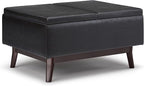 SIMPLIHOME Owen 34 inch Wide Mid Century Modern Rectangle Tray Top Small Coffee Table Storage Ottoman in Distressed Black Vegan Faux Leather, Assembled, for the Living Room, Entryway and Family Room