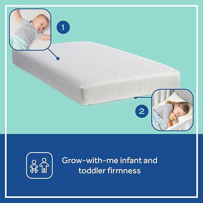 Sealy Baby Cozy Brilliance Breathable Crib Mattress, GREENGUARD GOLD Certified, Made in USA, Firm Dual Firmness, Toddler Bed Fit, Rayon, Waterproof, Non Toxic, Washable Zip Cover, 52” x 28