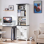 72in Tall Bookshelf 7 Tier Bookcase with Drawer and Barn Doors and Adjustable Shelves, White Farmhouse Book Shelf with Storage Cabinet, Wood Freestanding Display Bookshelves for Kitchen (3PCS)