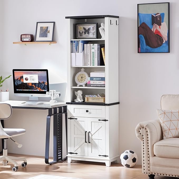 72in Tall Bookshelf 7 Tier Bookcase with Drawer and Barn Doors and Adjustable Shelves, White Farmhouse Book Shelf with Storage Cabinet, Wood Freestanding Display Bookshelves for Kitchen (4PCS)