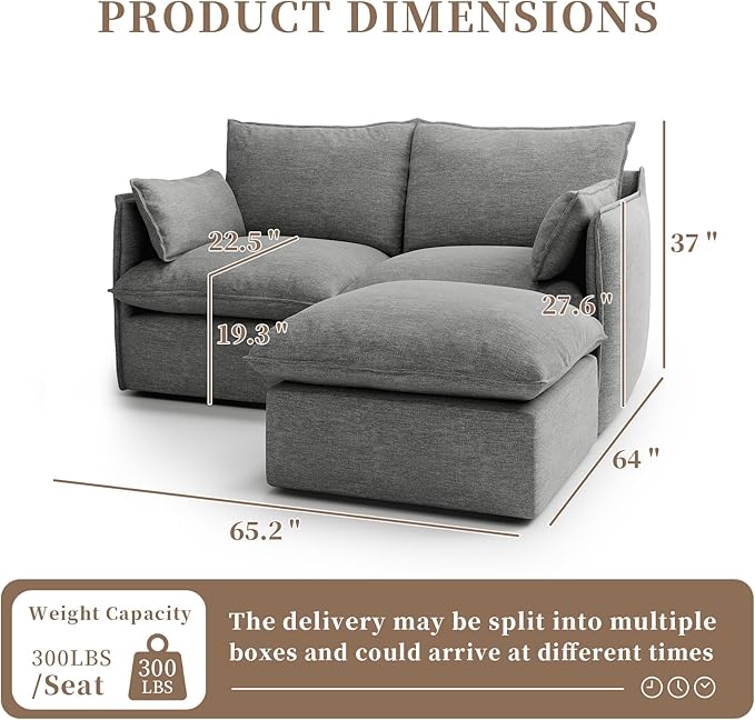 Waterproof Cloud Sectional Couches,High Backrest Down Filled Sofa for Living Room,Modular Sofas 2 Seater with Ottoman,Detachable Couch Covers,Dark Grey