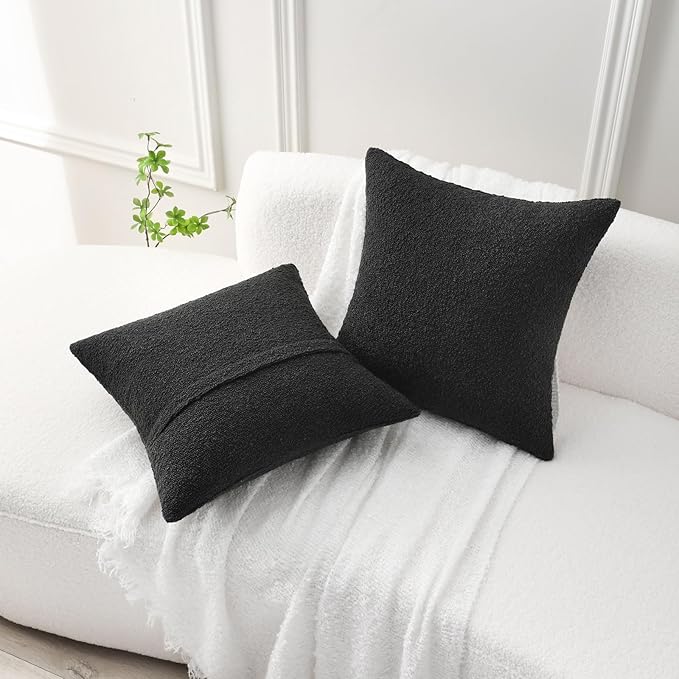 FUTEI Pack of 2 Black Decorative Throw Pillow Covers 22x22 Inch Soft Cozy Solid Boucle Textured Cushion Case,Modern Home Decor for Couch Bed Living Room