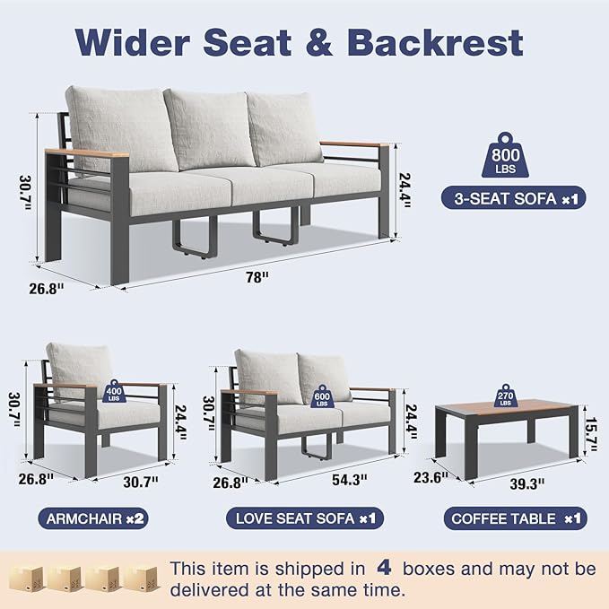 Aoxun Aluminum Patio Furniture Set 7 Seats, Oversized Outdoor Sectional with Washable Thick Cushions, Coffee Table and Waterproof Cover, Patio Conversation Sets for Porch, Balcony, Deck