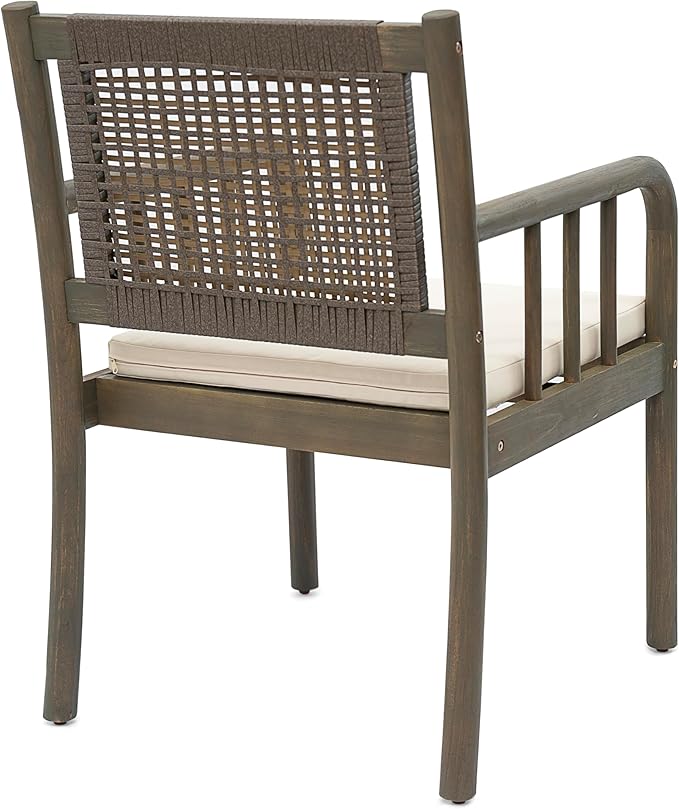 Christopher Knight Home Vera Outdoor Acacia Wood Dining Chairs, Rattan Woven Back Armchair, Armchair with Cushion Seat, Dining Chairs Set of 2, Patio Chair for Poolside Garden Balcony, Gray+Cream