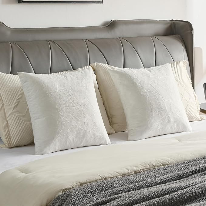 FUTEI Cream Velvet Throw Pillow Covers 18x18 Inch Set of 2,Soft Embossed Leaf-Relief Textured Cushion Cases,Natural Home Decor for Couch Living Room