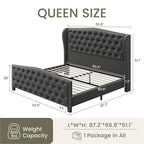 LARMACE Queen Size Bed Frame Velvet Upholstered Platform Bed with Wingback Headboard & Footbaord, Deep Button Tufted Bed Frame with Wood Slats Support, No Box Spring Needed, Grey