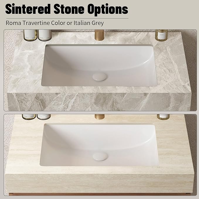 Bathroom Vanity with Sink 36 Inch, Floating Bathroom Vanity Sink Cabinet with Drawer and Door, Undermount Sink & Travertine-Pattern Sintered Stone Top, Pre-Assembled, Espresso