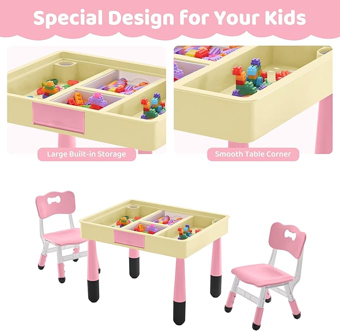 4 in 1 Kids Table and 2 Chairs Set with Storage, Toddler Table and Chair Set for Kids Ages 3-10, Graffiti & Building Blocks Double-Sided Tabletop (Pink, 2 Chairs)