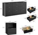 3-Piece Modern Bedroom Furniture Set, Wide 9-Drawer Dresser & 1-Drawer Nightstands Set of 2, Natural Wood Dresser and Nightstand Sets for Bedroom, Hallway, Black