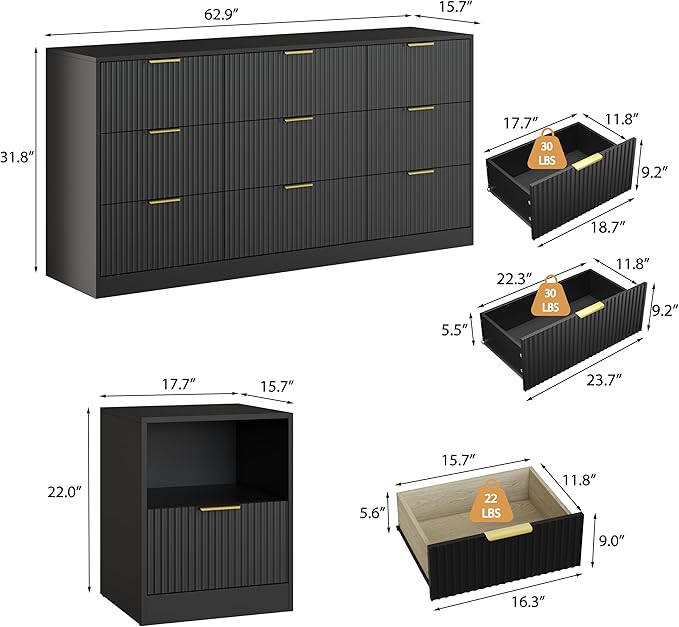 3-Piece Modern Bedroom Furniture Set, Wide 9-Drawer Dresser & 1-Drawer Nightstands Set of 2, Natural Wood Dresser and Nightstand Sets for Bedroom, Hallway, Black