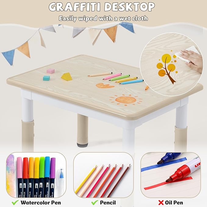 Adjustable Kids Table Chairs Set – Graffiti Desktop, Multi-Activity Height-Adjustable Toddler Study Desk for Ages 3-8 – Ideal for Home, Classroom, Daycare (W-Wood, 4 Chairs-31.5" L x 23.6" W)