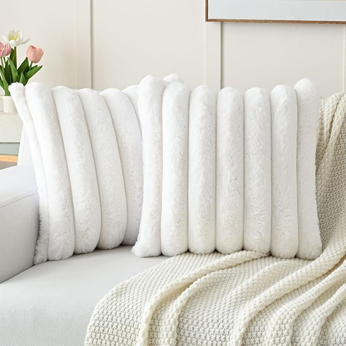 FUTEI Cream White Decorative Throw Pillow Covers 18x18 Inch Set of 2, Square Soft Faux Rabbit Fur Thick Striped Cushion Cover,Winter Home Decor for Couch Bed Living Room