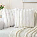 FUTEI Cream White Decorative Throw Pillow Covers 22x22 Inch Set of 2, Square Soft Faux Rabbit Fur Thick Striped Cushion Cover,Winter Home Decor for Couch Bed Living Room