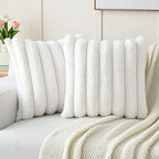FUTEI Cream White Decorative Throw Pillow Covers 20x20 Inch Set of 2, Square Soft Faux Rabbit Fur Thick Striped Cushion Cover,Winter Home Decor for Couch Bed Living Room