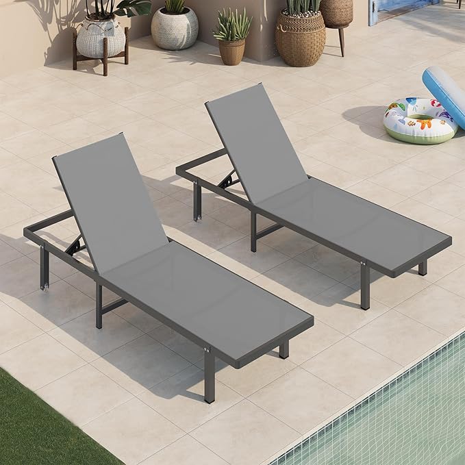 Pool Lounge Chairs Set of 2，Outdoor Lounge Chairs with Wheels and 5-Position Recliner -Easy to Move- Aluminum Patio Lounge Chair for Poolside, Deck (Darkgray)