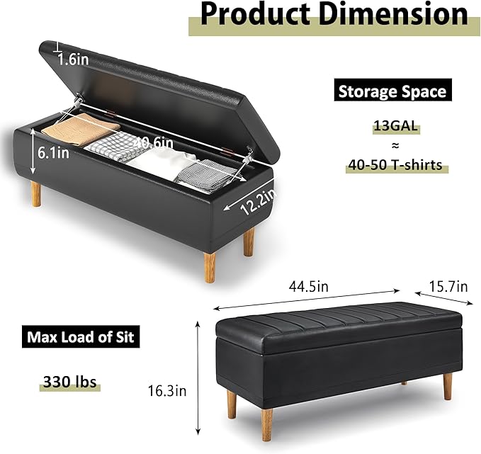 VECELO 44.5" Storage Ottoman Bench, End of Bed Bench with 2 Machined Gas Spring Lid Supports, PU Leather Upholstery & Solid Wood Legs for Living Room, Bedroom, Entryway, Modern Black