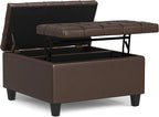 SIMPLIHOME Harrison 30 inch Wide Transitional Square Small Coffee Table Storage Ottoman in Chocolate Brown Vegan Faux Leather, Assembled, for The Living Room and Bedroom