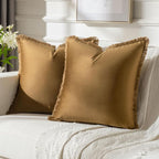 FUTEI Brown Velvet Decorative Throw Pillow Covers 20x20 Set of 2,Soft Cozy Edge with Tassels Cushion Case,Boho Modern Home Decor for Couch Bed Living Room